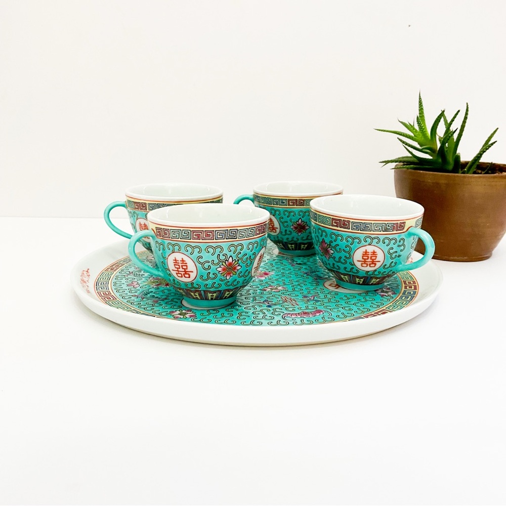 VINTAGE Chinese Export Porcelain Tea Set Teal Gold Longevity Symbol Bone China - Picture 8 of 11